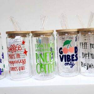 Glass can bottle with lid and glass straw